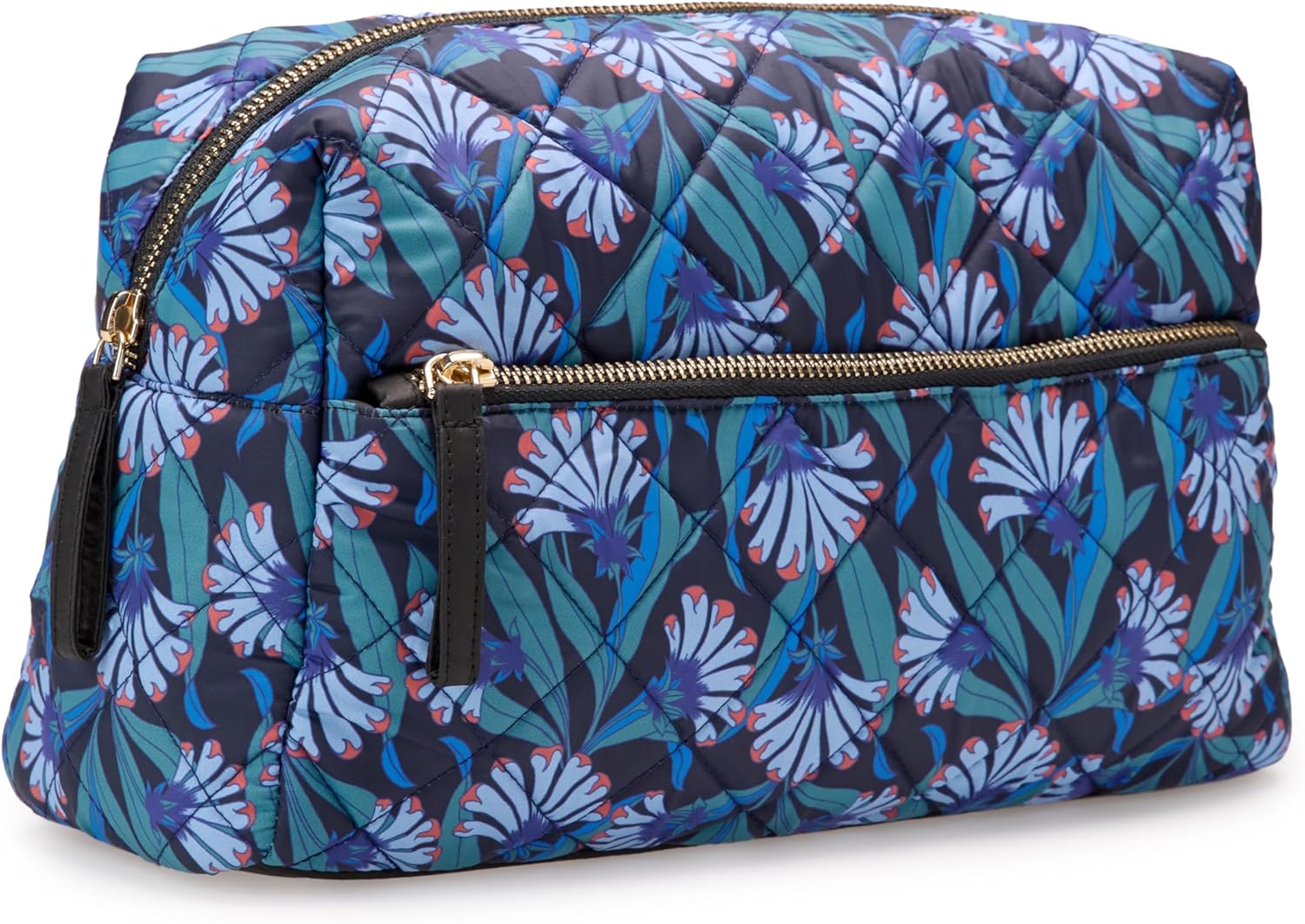 Quilted floral makeup bag with front zipper and gold hardware