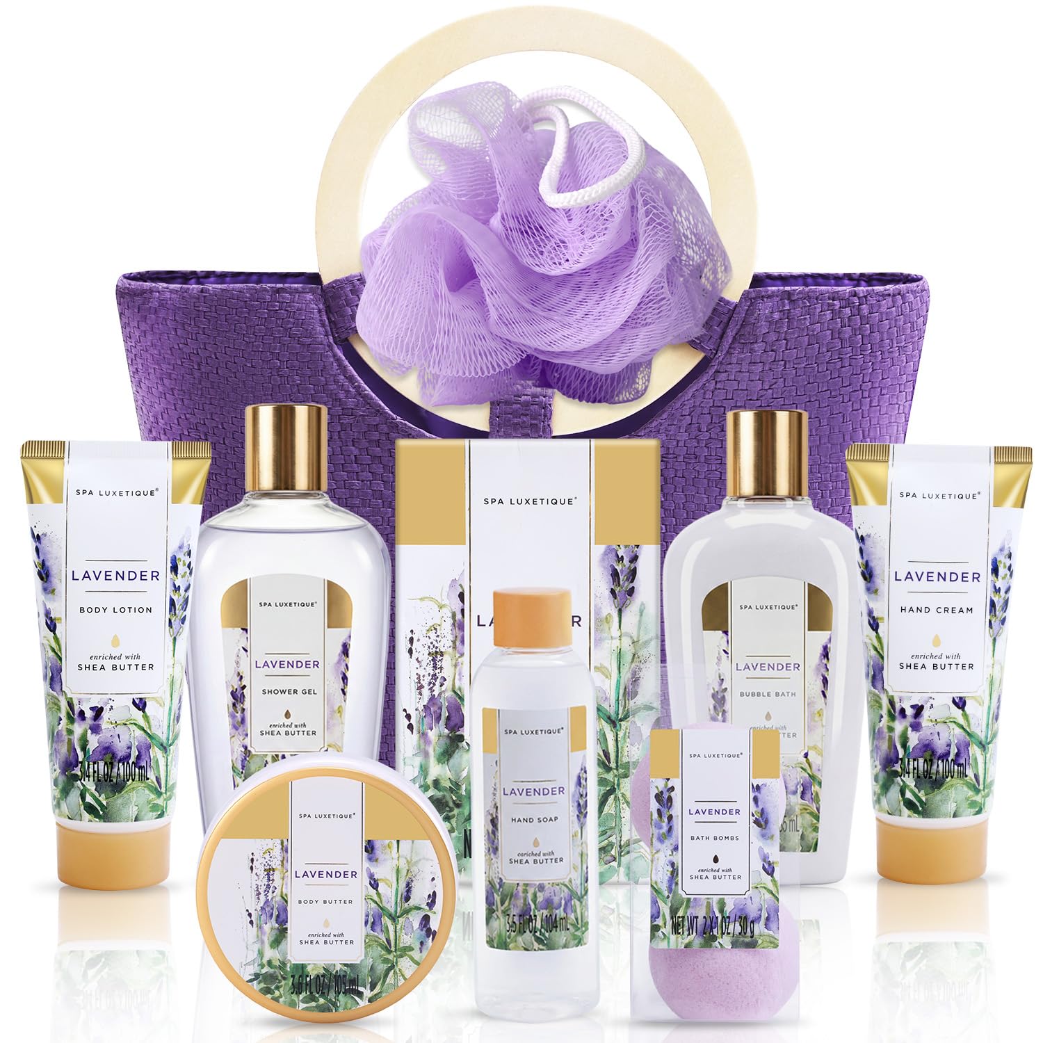 Lavender spa gift basket set with lotion and purple loofah