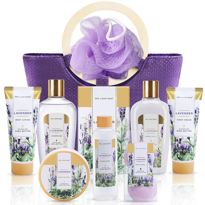 Lavender spa gift basket set with lotion and purple loofah