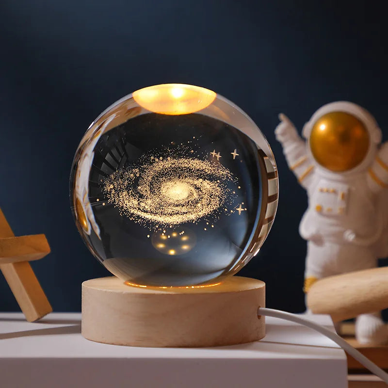 8Cm USB Crystal Ball with Inner Carving Glowing Night Light Creative Desktop Decoration Wooden Base Holiday Gift