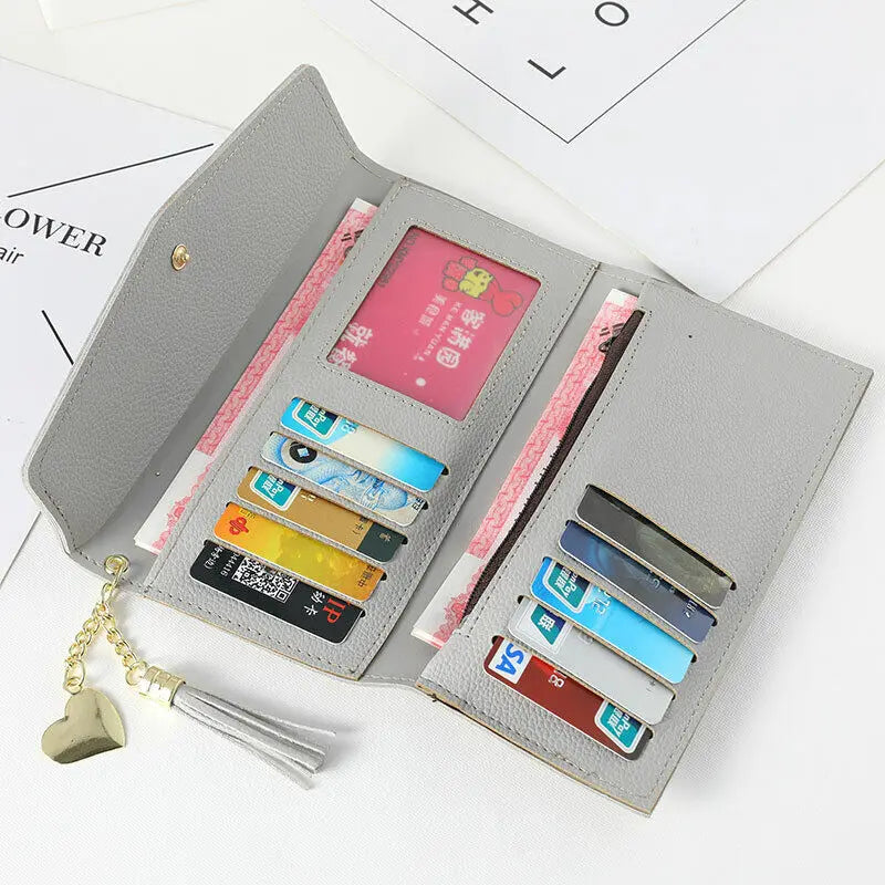 Womens Wallet PU Leather Three Fold Long Wallet Tassel Pendant Coin Pocket Purse Credit Card Holder Handbag Large Capacity Gifts