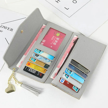 Womens Wallet PU Leather Three Fold Long Wallet Tassel Pendant Coin Pocket Purse Credit Card Holder Handbag Large Capacity Gifts
