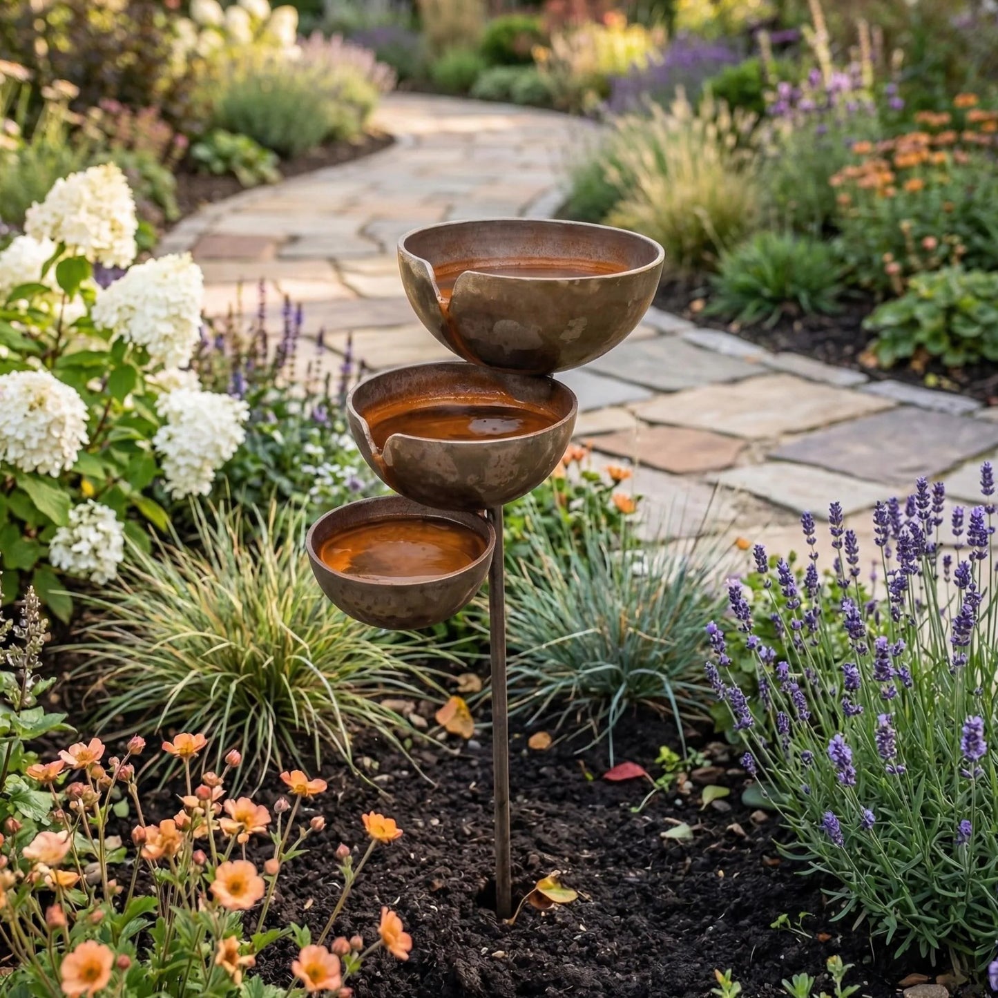 Rustic Metal Rain Catcher Garden Stake with Three Bowls Outdoor Zen Decor