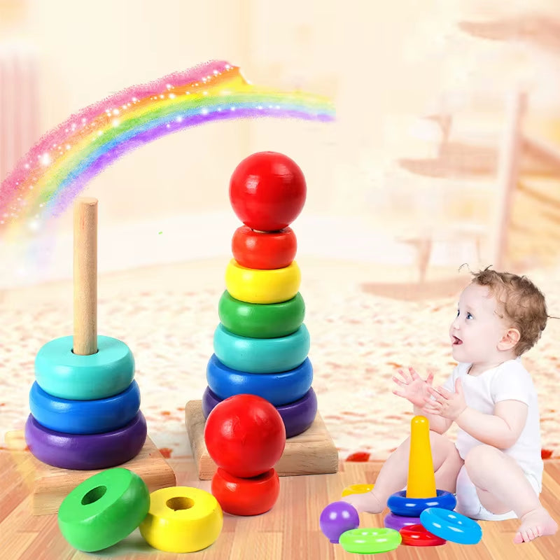 Baby Rainbow Tower Stacking Toys Montessori Wooden Colorful Stacking Puzzle Ring Early Educational Teaching Aids Baby Toys Gifts