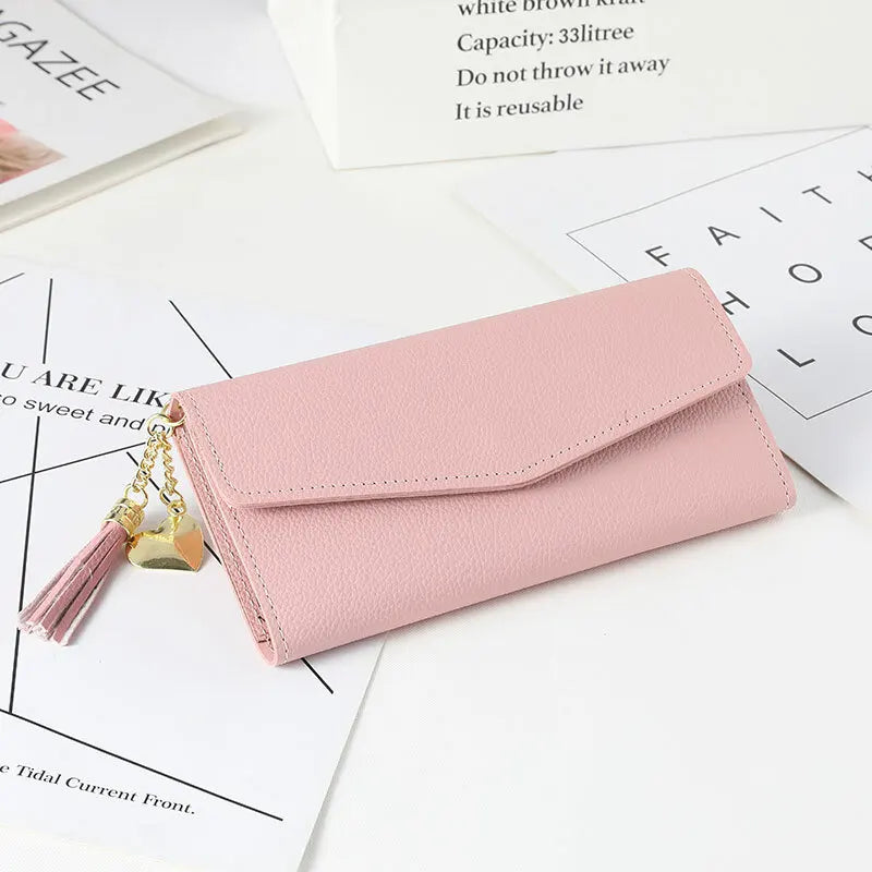 Womens Wallet PU Leather Three Fold Long Wallet Tassel Pendant Coin Pocket Purse Credit Card Holder Handbag Large Capacity Gifts