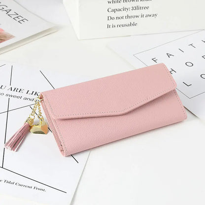 Womens Wallet PU Leather Three Fold Long Wallet Tassel Pendant Coin Pocket Purse Credit Card Holder Handbag Large Capacity Gifts