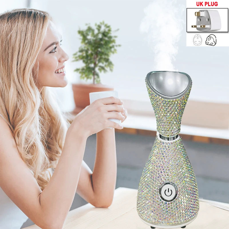 Face Steamer Vaporizador Facial Nano Ionic Warm Steam and Deeply Moisturizing Spa Humidifier with Rhinestone Face Care Vapozone