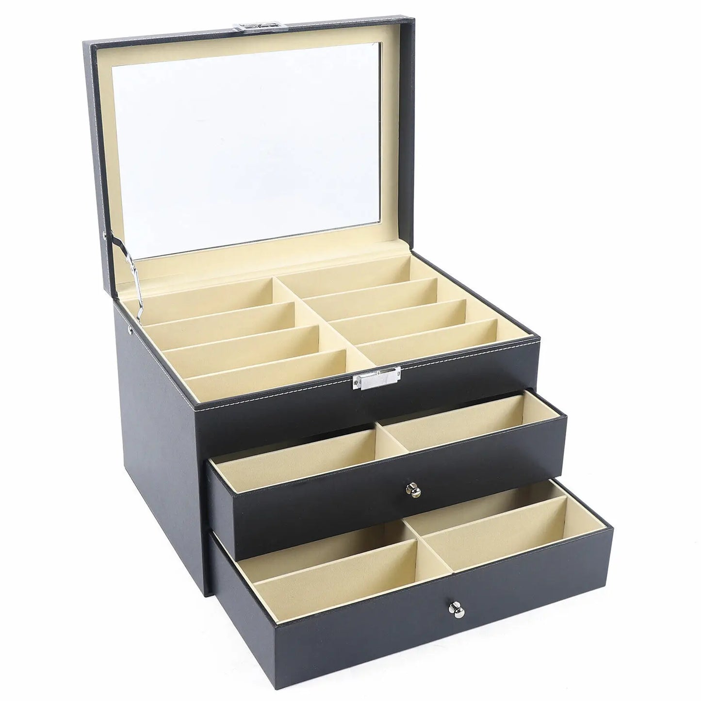PU Leather Sunglasses Display Box Glass Window Jewelry Organizer for Glasses Rings Necklaces
