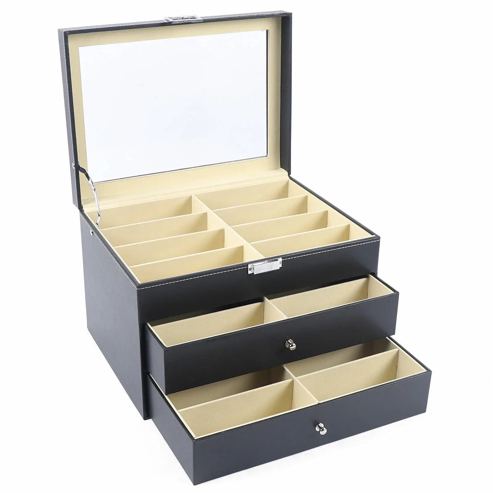 PU Leather Sunglasses Display Box Glass Window Jewelry Organizer for Glasses Rings Necklaces