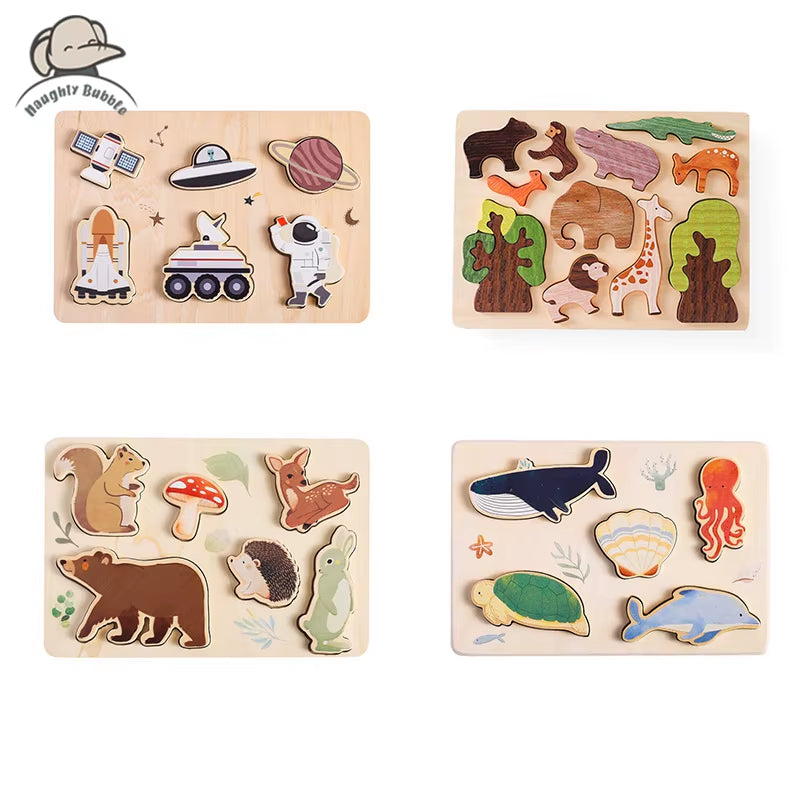 Baby Wooden Jigsaw Puzzle Building Blocks Montessori Educational Toy Cartoon Forest Marine Animal Astronaut Puzzle Gift for Baby
