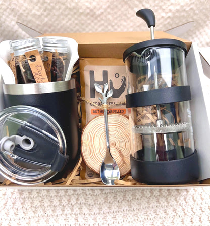 Coffee Lover Gift Box: French Press, Mug, Gourmet Beans, Travel Tumbler