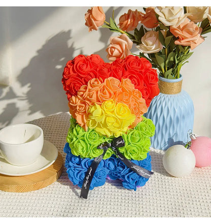 Wedding Home Decor, Rainbow Eternal Rose Bear, Anniversary Gift