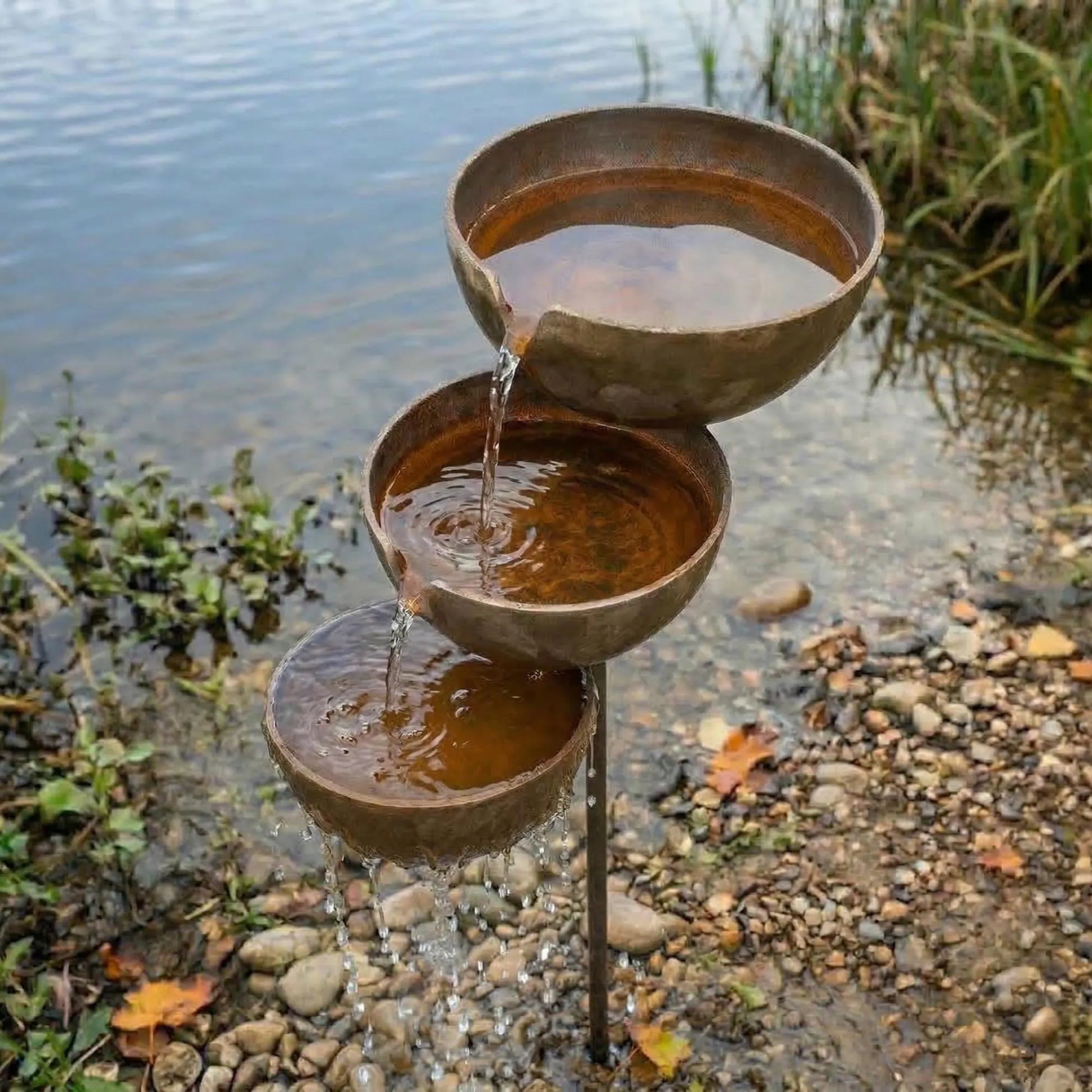 Rustic Metal Rain Catcher Garden Stake with Three Bowls Outdoor Zen Decor