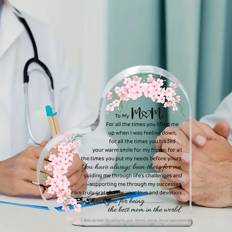 Heart-Shaped Acrylic Mom Appreciation Plaque with Floral Design Elegant Script Text Sentimental Thank You Gift for Mother Ideal