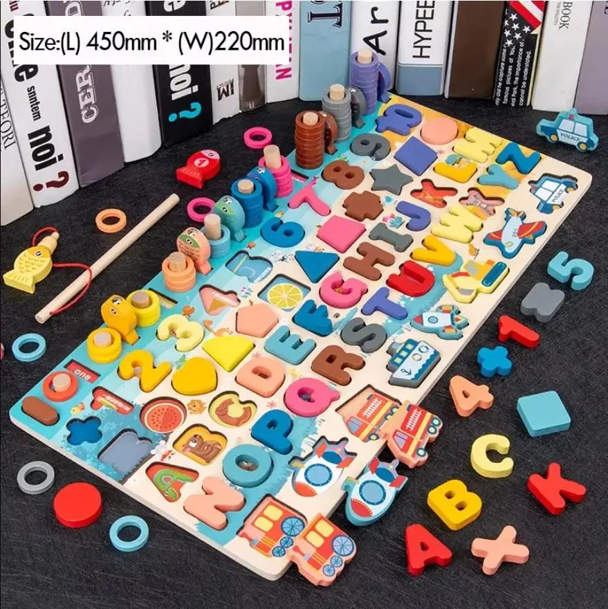 Kids Montessori Math Toys for Toddlers Educational Wooden Puzzle Fishing Toys Count Number Shape Matching Sorter Games Board Toy