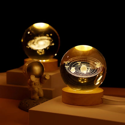 8Cm USB Crystal Ball with Inner Carving Glowing Night Light Creative Desktop Decoration Wooden Base Holiday Gift