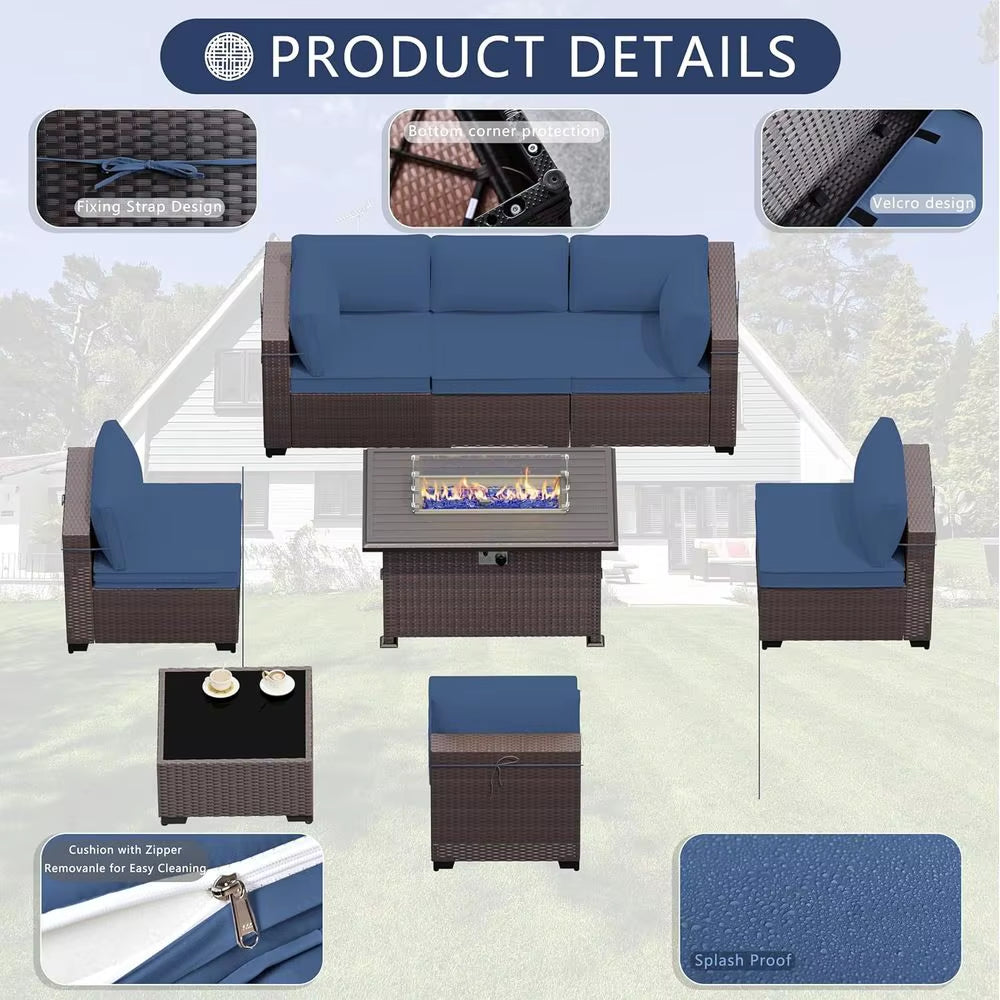 8-Piece Outdoor Sectional Patio Furniture Set with Propane Fire Pit Table, Blue PE Wicker Rattan Seating