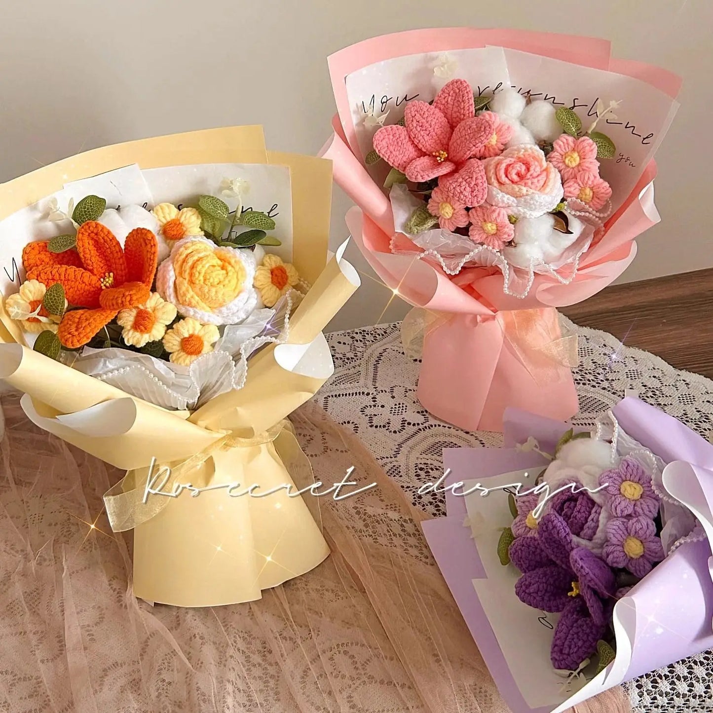 Handmade Rose Tulip Knitted Bouquet Birthday Gift Lover Mom