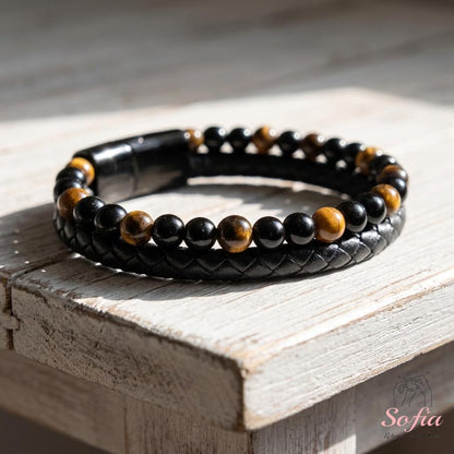 Mens Bracelet - Obsidian Tige'S Eye Stone Bracelet - Leather Braided Bangle Magnetic Clasp Waterproof