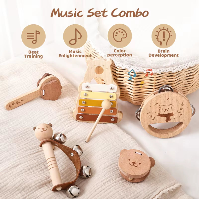 5Pc Set Montessori Toys Baby Music Toys Musical Instrument Wooden Educational Toys Baby 0 3 Years Toys Bear Xylophone Toys Gifts
