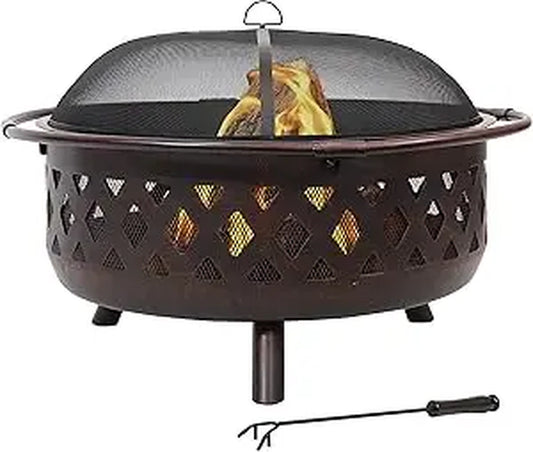 Outdoor Fire Pit - Wood-Burning Fire Pit for outside with Spark Screen, Poker and round Cover - 36-Inch - Black
