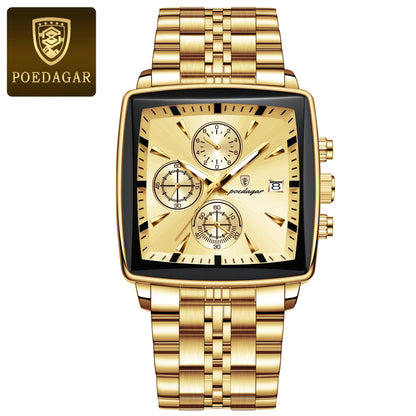 Luxury Square Sport Man Wristwatch Waterproof Luminous Chronograph Quartz Men'S Watches Stainless Steel Men Watch Reloj