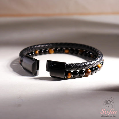 Mens Bracelet - Obsidian Tige'S Eye Stone Bracelet - Leather Braided Bangle Magnetic Clasp Waterproof