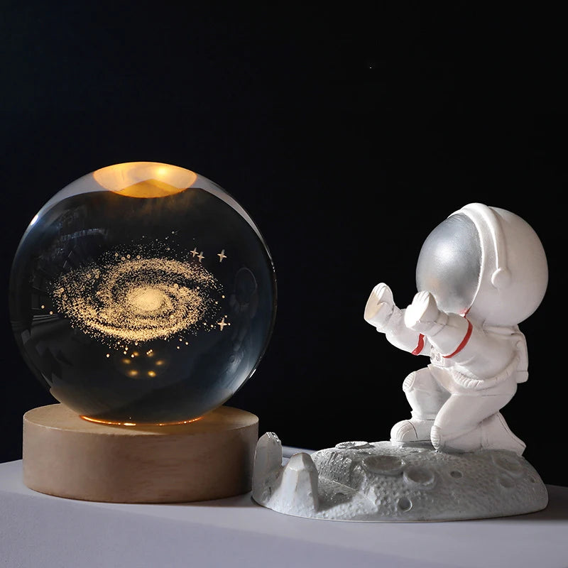 8Cm USB Crystal Ball with Inner Carving Glowing Night Light Creative Desktop Decoration Wooden Base Holiday Gift