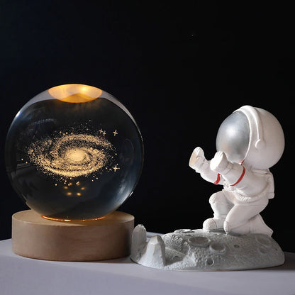 8Cm USB Crystal Ball with Inner Carving Glowing Night Light Creative Desktop Decoration Wooden Base Holiday Gift