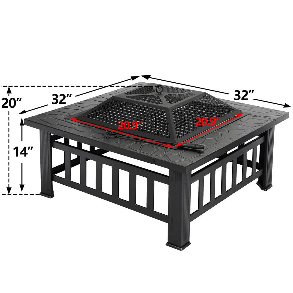 32" Metal Fire Pit Backyard Patio Garden Square Stove Fire Pit with Cover Black