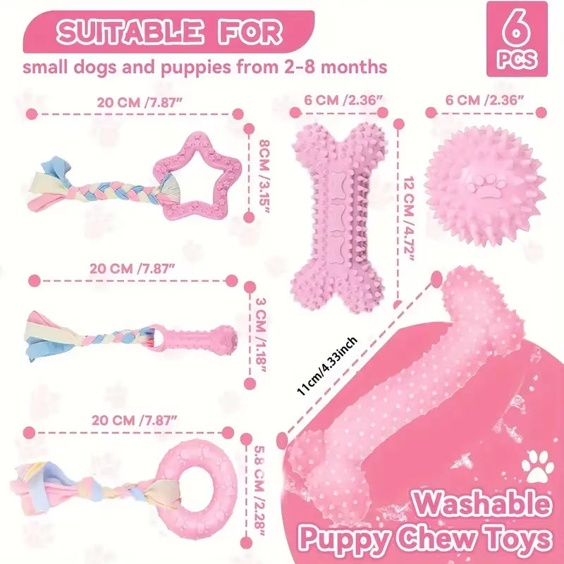 6 PCS Dog Chew Toys for Cleaning Teeth Soft Rubber Bone Funny Ball Interactive Donut Treat Set for Small Medium Dogs Pet Gifts