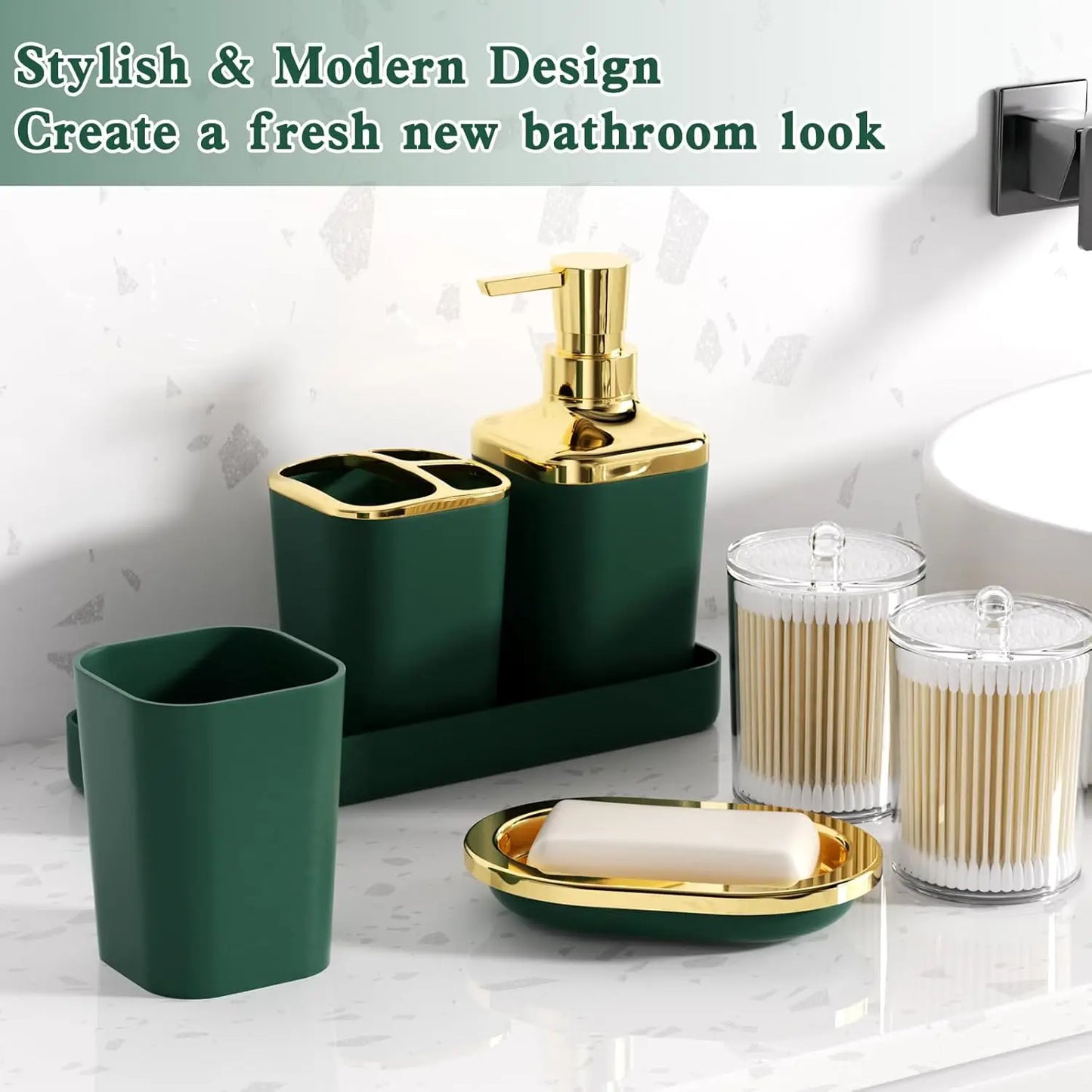 Dark Green Ombre Bathroom Set 24PCS with Shower Curtain, Rugs, Soap Dispenser & Toilet Brush for Housewarming Gift