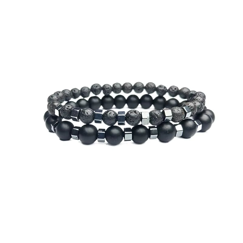 New in Frosted Black Bead Volcanic Stone Men’S Bracelet Set Double Layer Nature Stone Beaded Bracelets Gifts