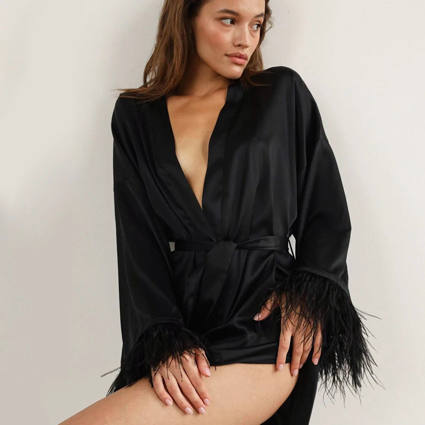 Feather Bathrobes Satin Sexy Mini Dress Long Sleeve Loose Peignoirs for Women Robe White Wedding Dress Black Bride Dresses