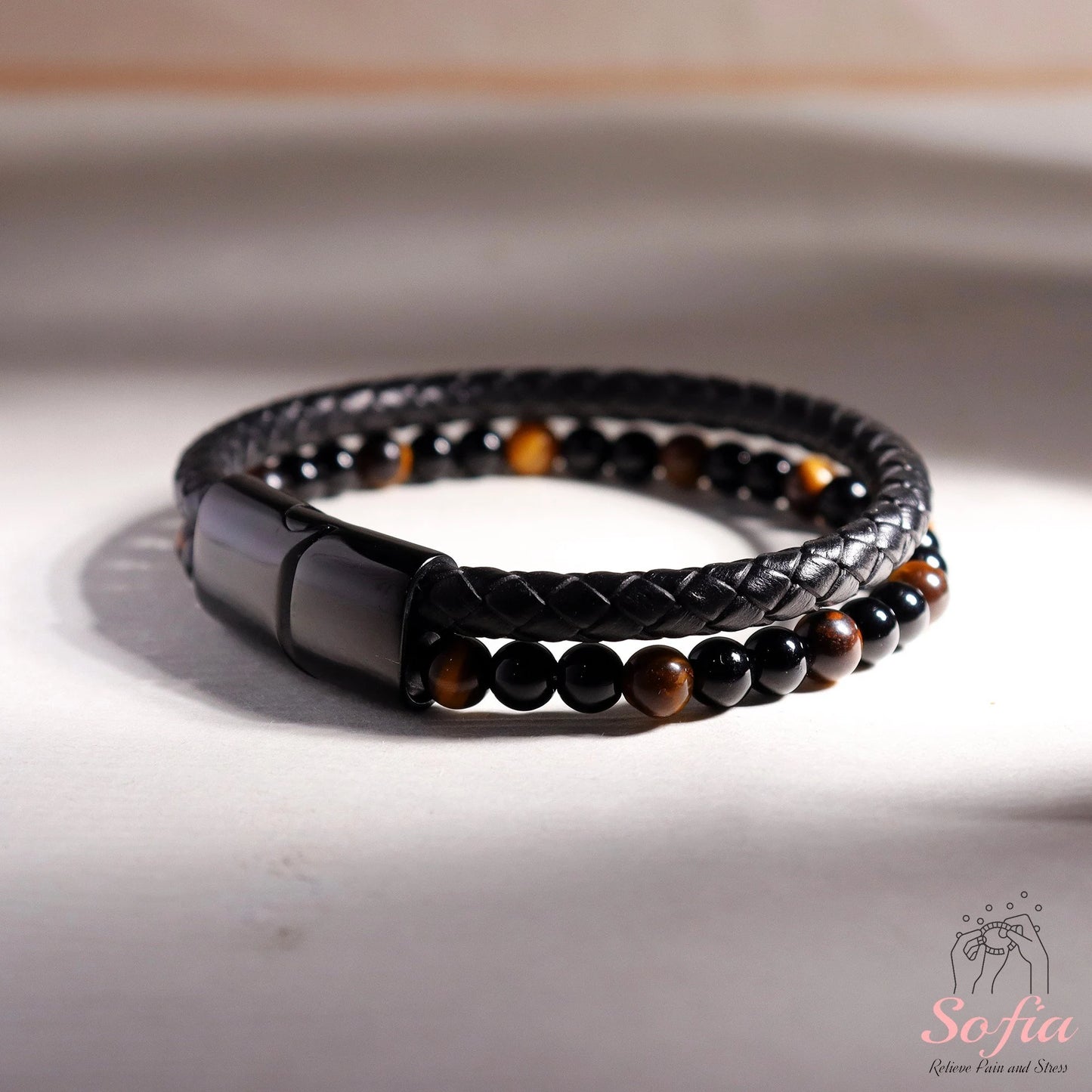Mens Bracelet - Obsidian Tige'S Eye Stone Bracelet - Leather Braided Bangle Magnetic Clasp Waterproof