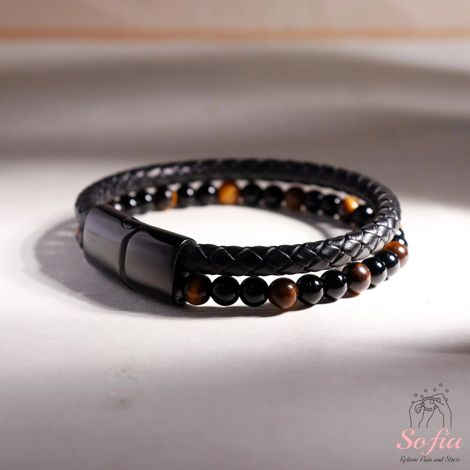 Mens Bracelet - Obsidian Tige'S Eye Stone Bracelet - Leather Braided Bangle Magnetic Clasp Waterproof