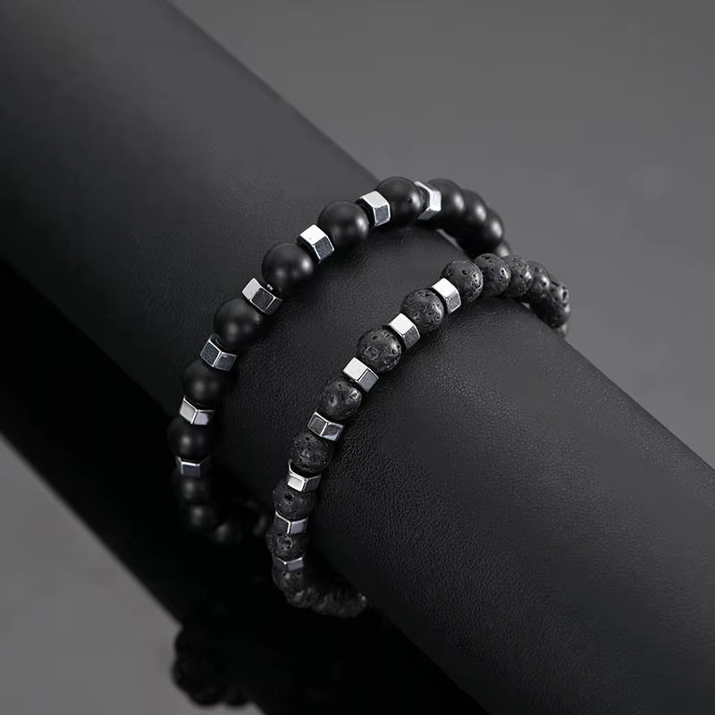 New in Frosted Black Bead Volcanic Stone Men’S Bracelet Set Double Layer Nature Stone Beaded Bracelets Gifts