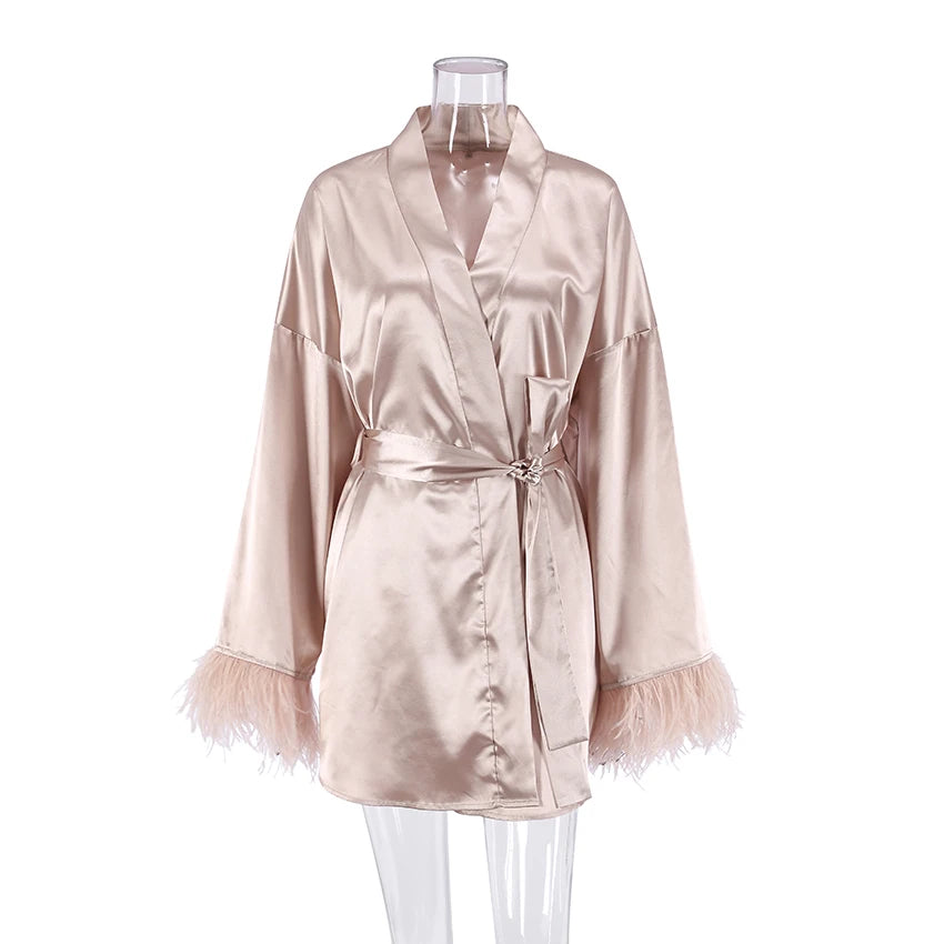 Feather Bathrobes Satin Sexy Mini Dress Long Sleeve Loose Peignoirs for Women Robe White Wedding Dress Black Bride Dresses