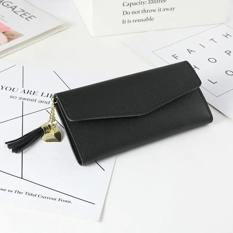 Womens Wallet PU Leather Three Fold Long Wallet Tassel Pendant Coin Pocket Purse Credit Card Holder Handbag Large Capacity Gifts