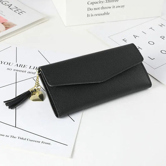 Womens Wallet PU Leather Three Fold Long Wallet Tassel Pendant Coin Pocket Purse Credit Card Holder Handbag Large Capacity Gifts