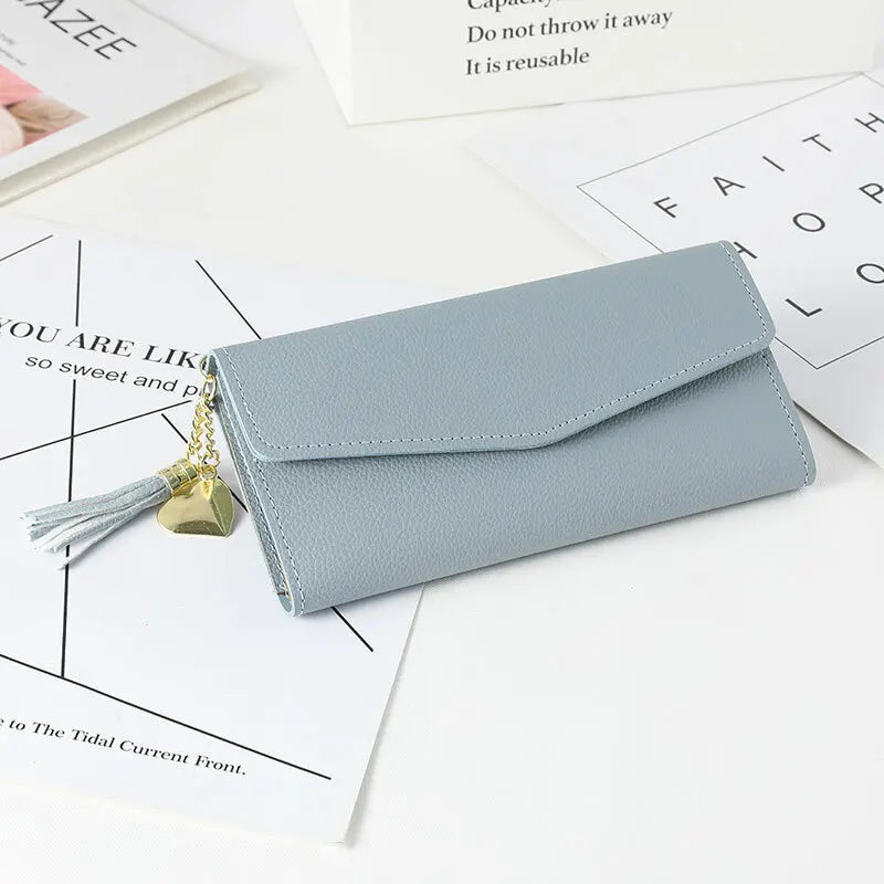 Womens Wallet PU Leather Three Fold Long Wallet Tassel Pendant Coin Pocket Purse Credit Card Holder Handbag Large Capacity Gifts