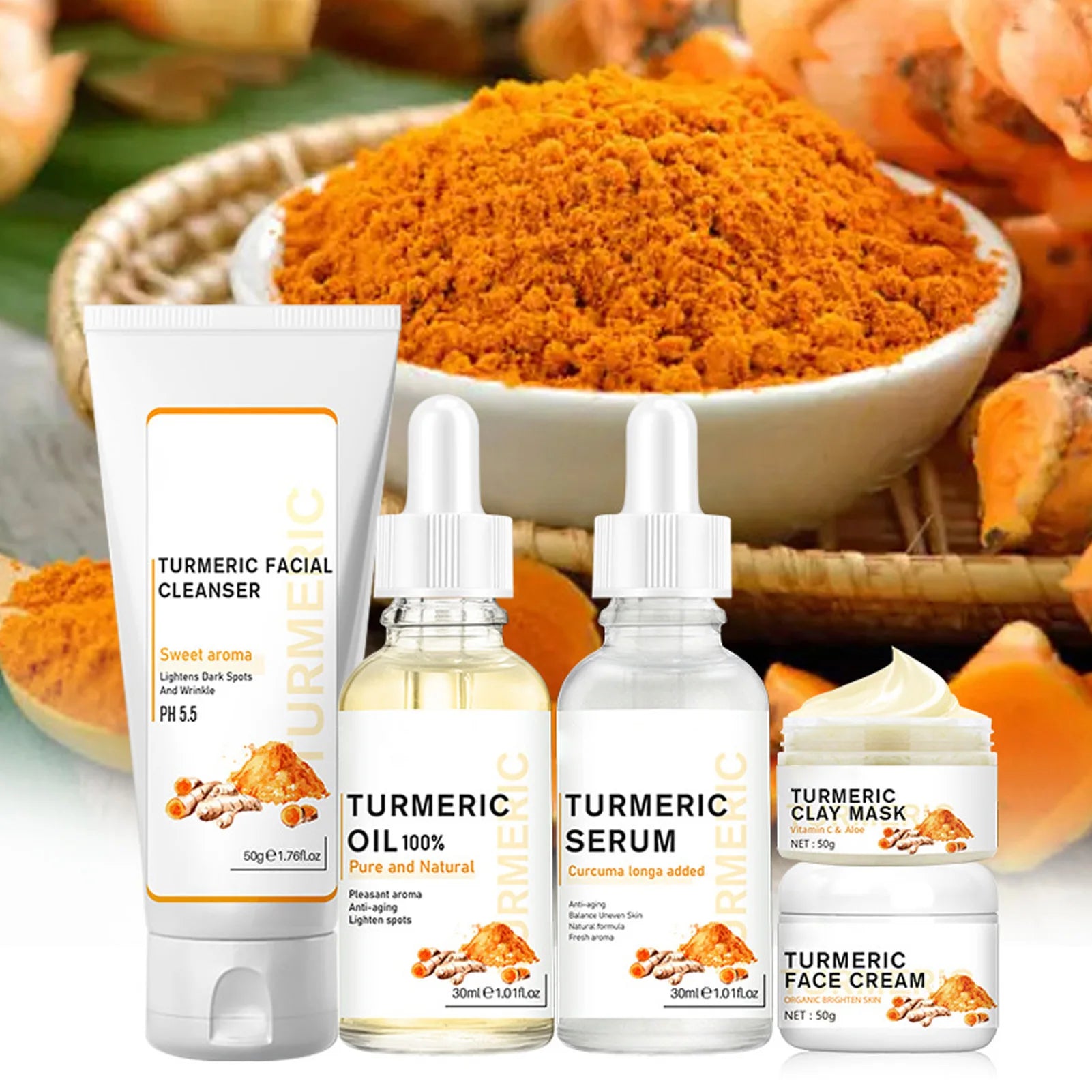 Turmeric Skin Care Set Face Wash Serum Hydrating Skin Oil Face Cream Clay Mask for All Skin Types Turmeric Skincare Set