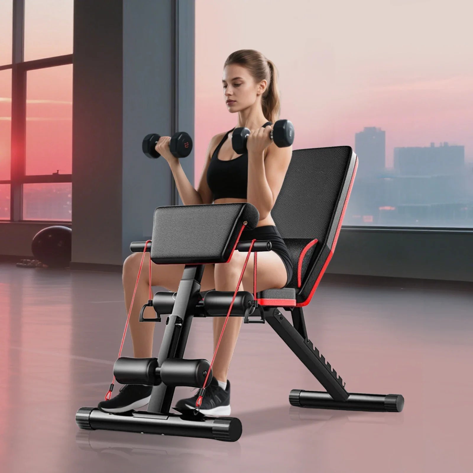 Adjustable Weight Bench, Utility Weight Bench, Home Exercise Equipment with Cushion Drawstring Support Bar for Full Body Workout