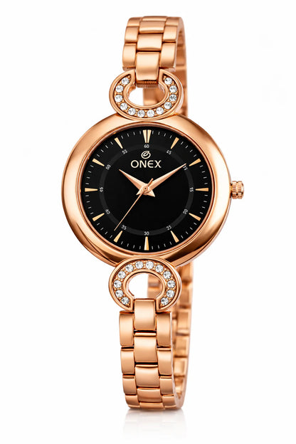 Women’S Black Dial Rose Gold Bracelet Watch with Crystal Accents