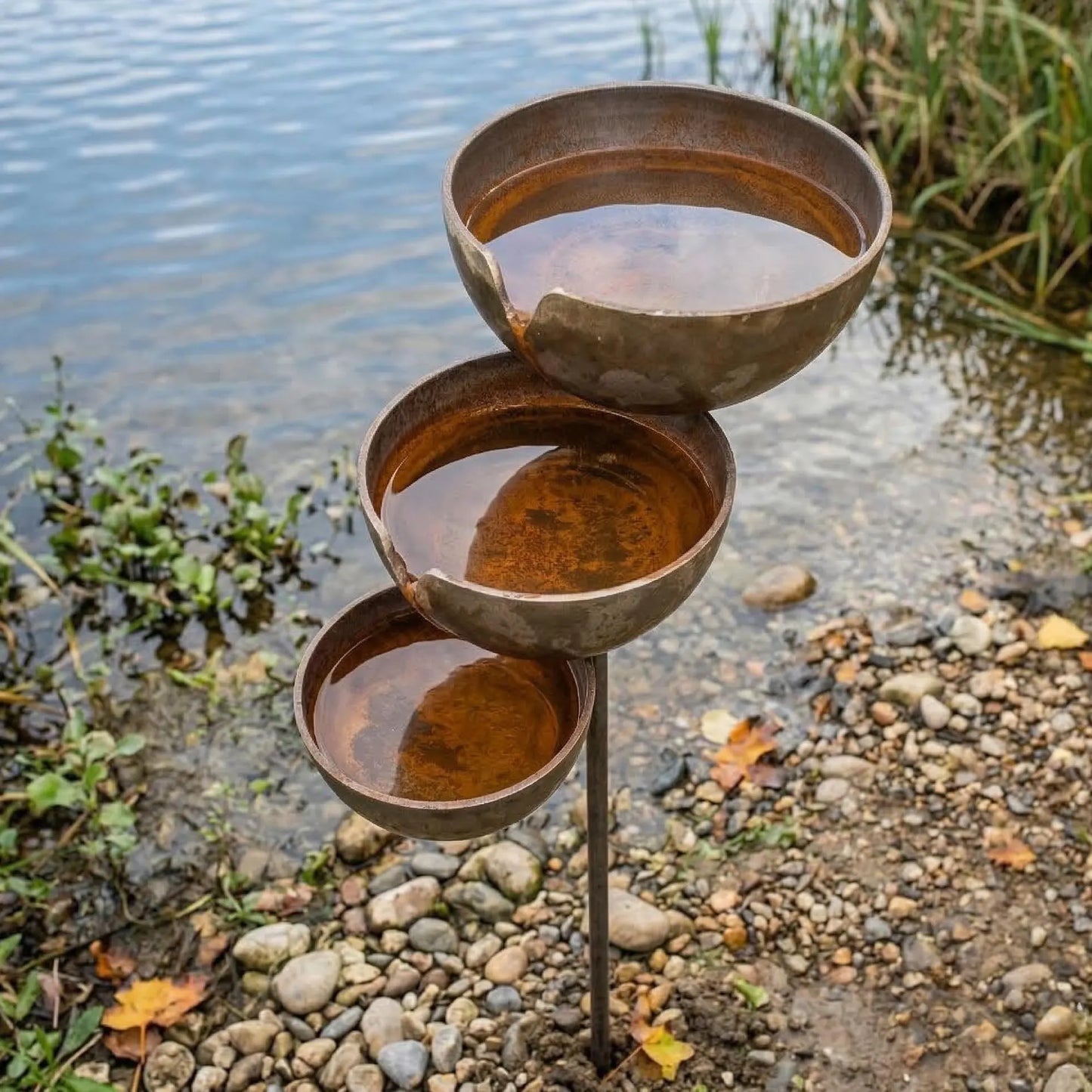Rustic Metal Rain Catcher Garden Stake with Three Bowls Outdoor Zen Decor