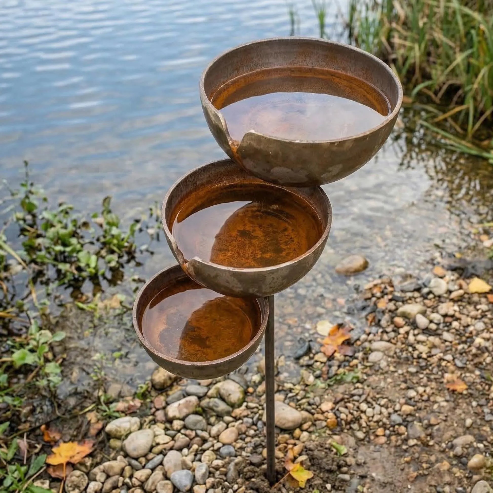 Rustic Metal Rain Catcher Garden Stake with Three Bowls Outdoor Zen Decor