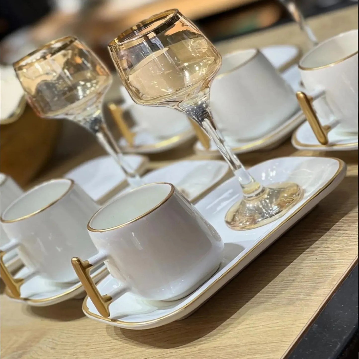 White Ceramic Turkish Coffee Set: Gold Handle Espresso Cups, 12-Piece
