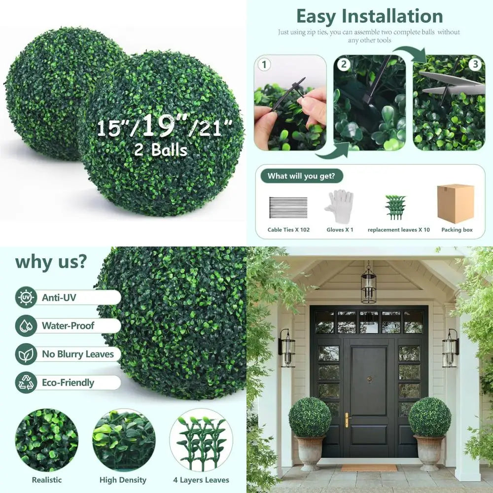 Artificial Boxwood Topiary Balls 19 Inch, 2-Pack, Uv-Resistant Greenery, 4-Layer Indoor/Outdoor Garden Decor, Backyard Enhanceme