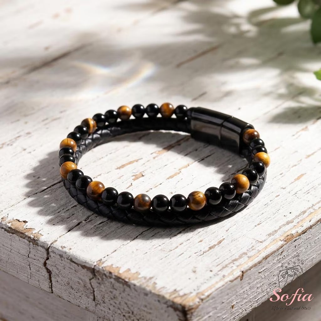 Mens Bracelet - Obsidian Tige'S Eye Stone Bracelet - Leather Braided Bangle Magnetic Clasp Waterproof