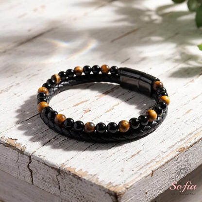 Mens Bracelet - Obsidian Tige'S Eye Stone Bracelet - Leather Braided Bangle Magnetic Clasp Waterproof